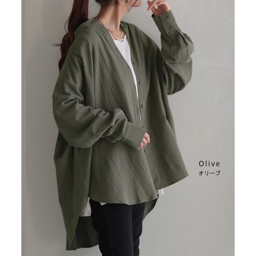シャツ 微起毛 トップス ロング 綿100％ レディース ロングシャツ チュニック ブラウス ノーカラー バンドカラー オーバーサイズ ゆったり 二の腕カバー | HUG.U | 16