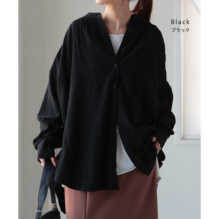シャツ 微起毛 トップス ロング 綿100％ レディース ロングシャツ チュニック ブラウス ノーカラー バンドカラー オーバーサイズ ゆったり 二の腕カバー | HUG.U | 18