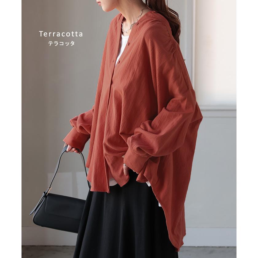 シャツ 微起毛 トップス ロング 綿100％ レディース ロングシャツ チュニック ブラウス ノーカラー バンドカラー オーバーサイズ ゆったり 二の腕カバー | HUG.U | 19