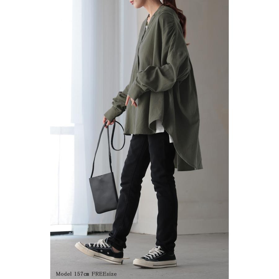 シャツ 微起毛 トップス ロング 綿100％ レディース ロングシャツ チュニック ブラウス ノーカラー バンドカラー オーバーサイズ ゆったり 二の腕カバー | HUG.U | 24