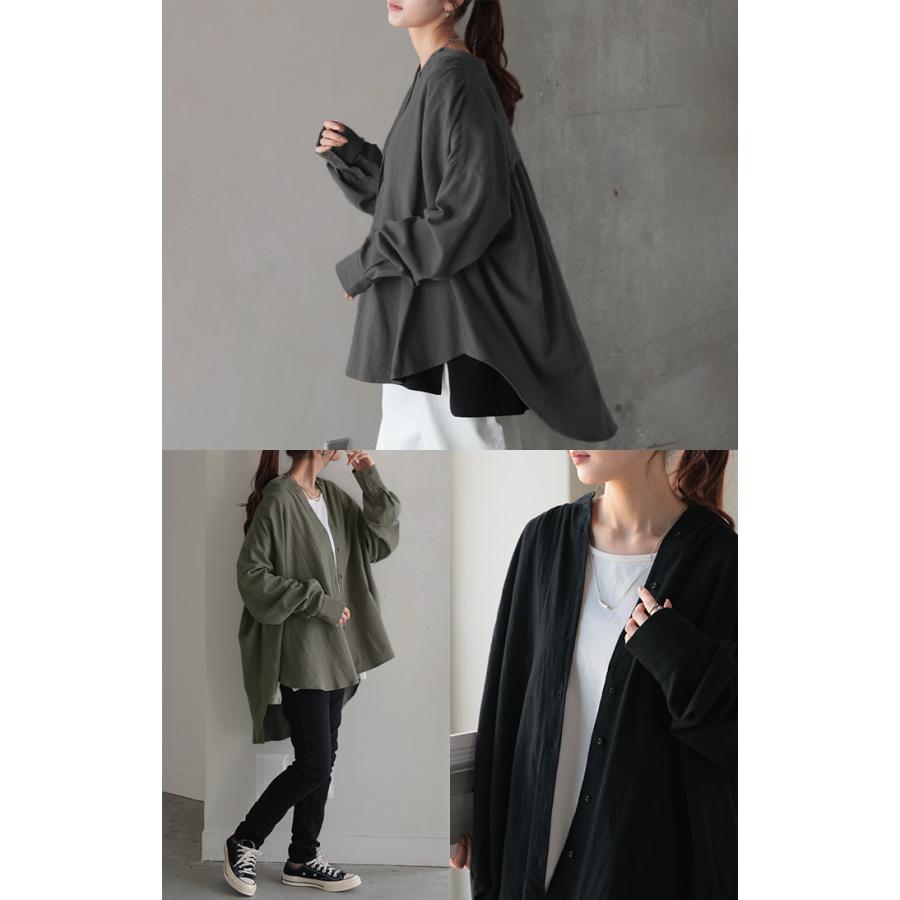 シャツ 微起毛 トップス ロング 綿100％ レディース ロングシャツ チュニック ブラウス ノーカラー バンドカラー オーバーサイズ ゆったり 二の腕カバー | HUG.U | 09