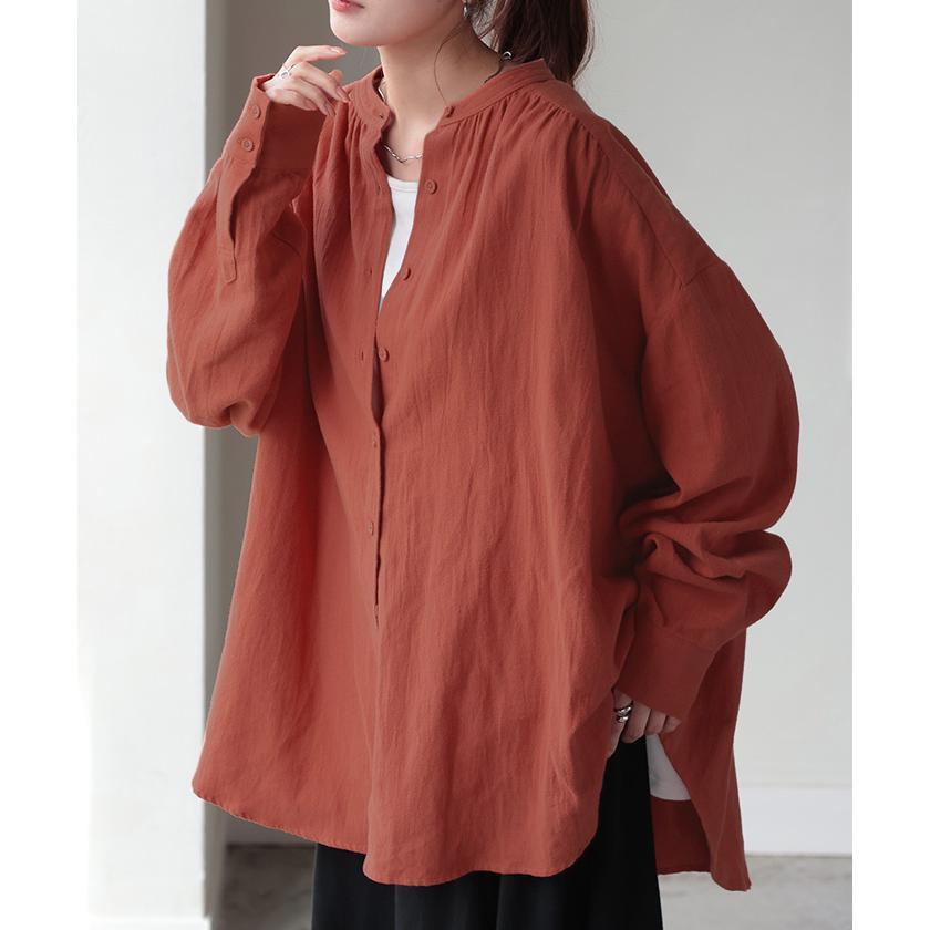 シャツ 微起毛 トップス ロング 綿100％ レディース ロングシャツ チュニック ブラウス ノーカラー バンドカラー オーバーサイズ ゆったり 二の腕カバー | HUG.U | 10