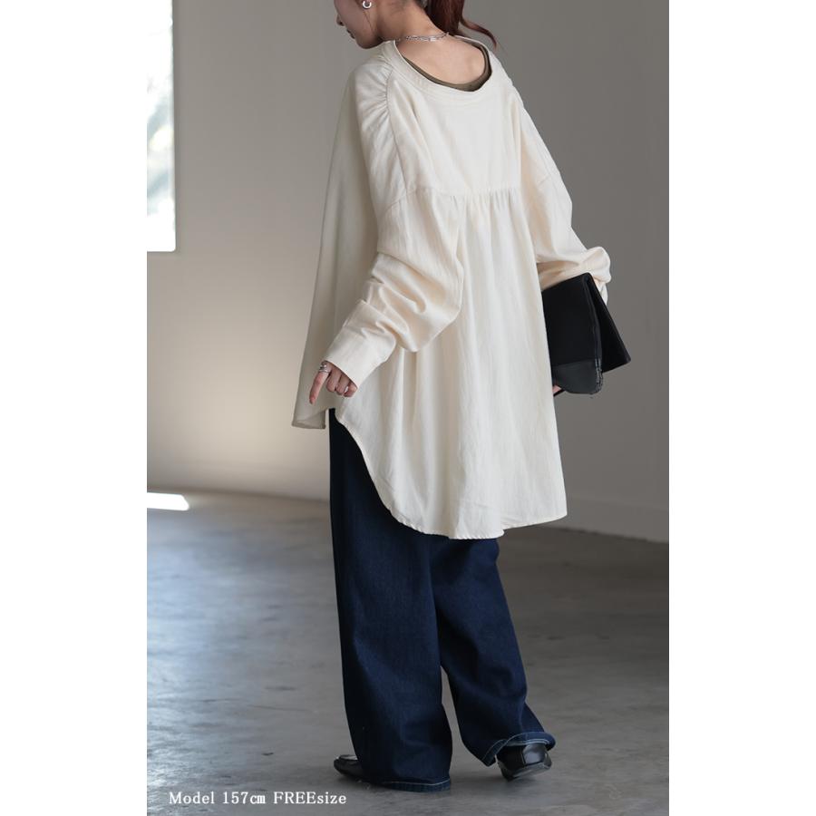 シャツ 微起毛 トップス ロング 綿100％ レディース ロングシャツ チュニック ブラウス ノーカラー バンドカラー オーバーサイズ ゆったり 二の腕カバー | HUG.U | 11