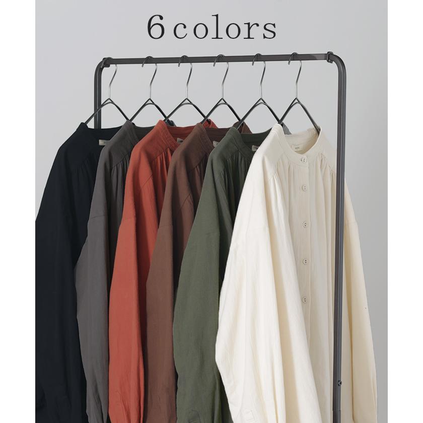 シャツ 微起毛 トップス ロング 綿100％ レディース ロングシャツ チュニック ブラウス ノーカラー バンドカラー オーバーサイズ ゆったり 二の腕カバー | HUG.U | 13