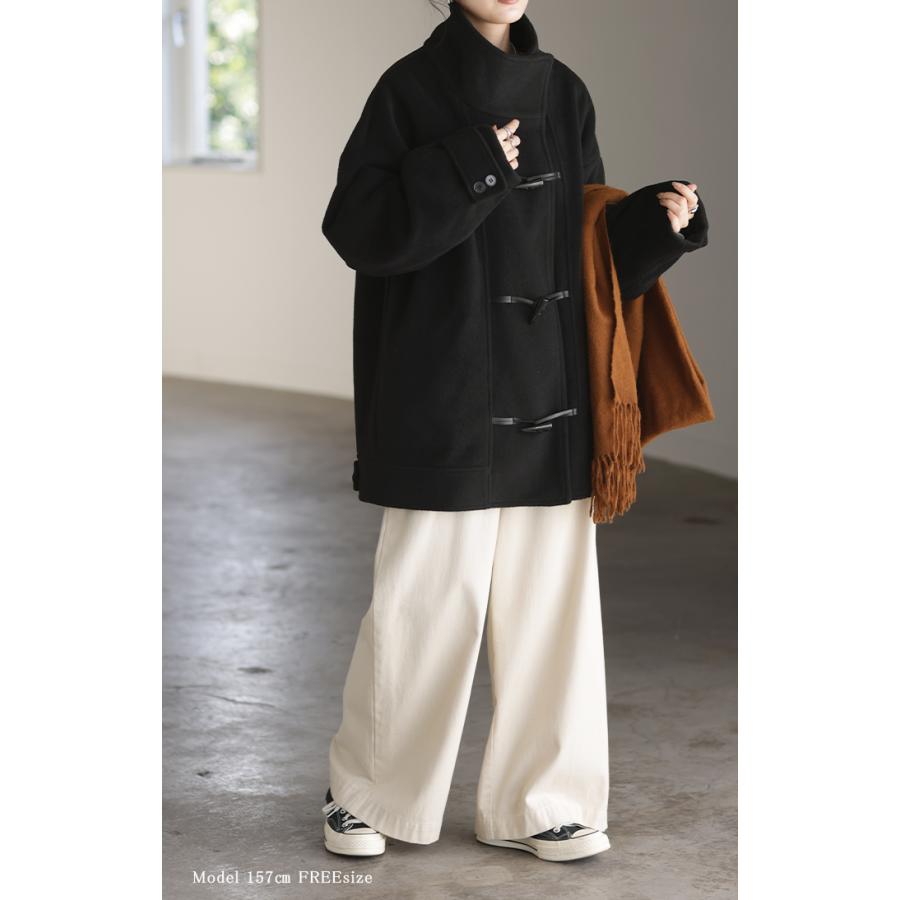 コート アウター レディース ウール 風 ダッフルコート ダッフル チュニック ドルマン ロング ハイネック スタンドネック オーバーサイズ 無地 長袖 | HUG.U | 05