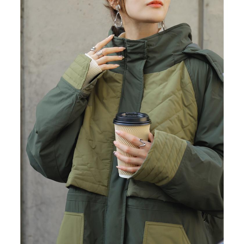 アウター コート ロング 撥水 中綿 レディース ロングコート パーカー ジャケット ブルゾン モッズコート ミリタリー キルティング ハイネック フード | HUG.U | 04