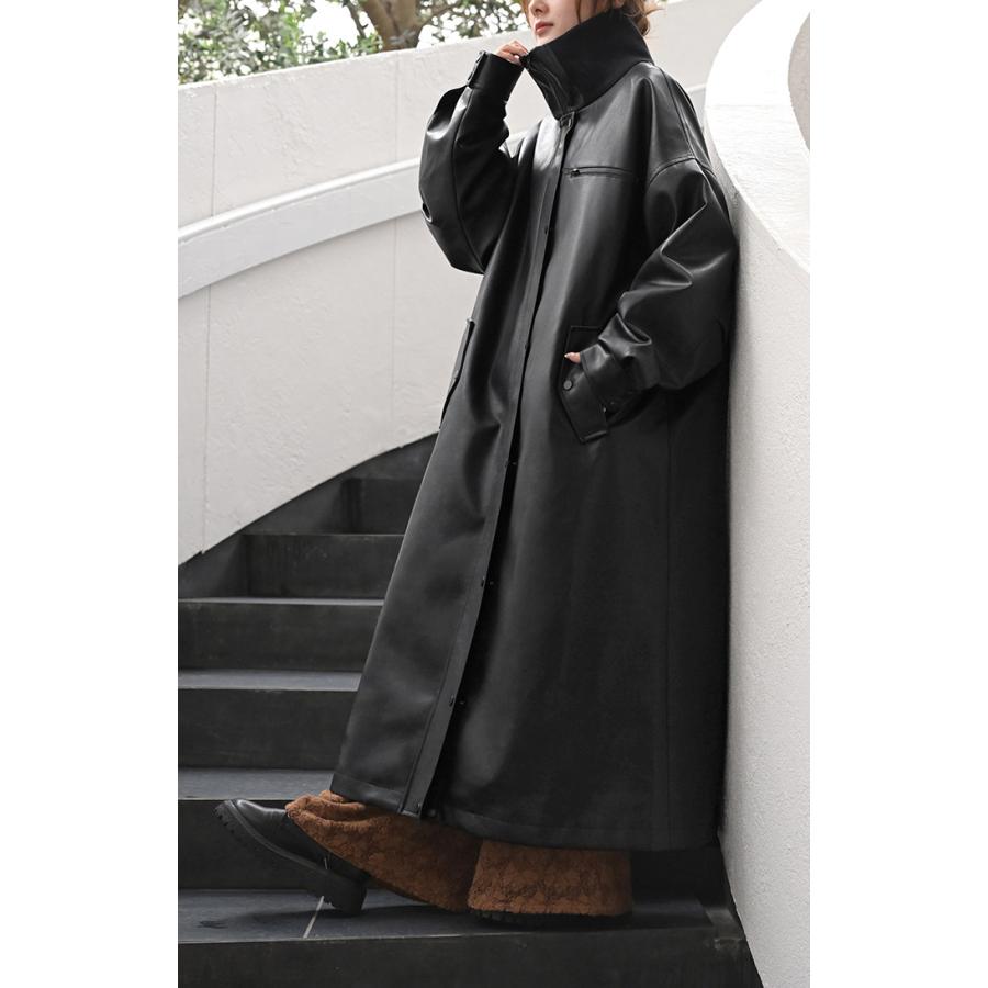 アウター コート ロング レザー風 レディース ロングコート フェイクレザー レザーライク 防風 ジャケット ハイネック リブ ダブルジップ | HUG.U | 11