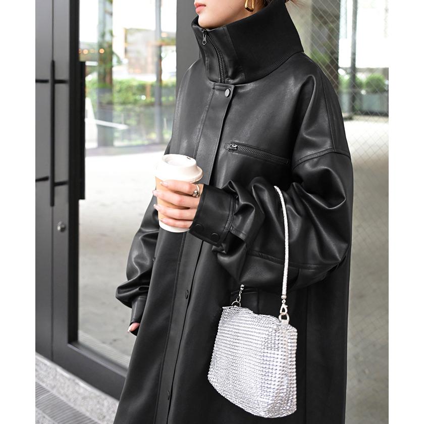 アウター コート ロング レザー風 レディース ロングコート フェイクレザー レザーライク 防風 ジャケット ハイネック リブ ダブルジップ | HUG.U | 04