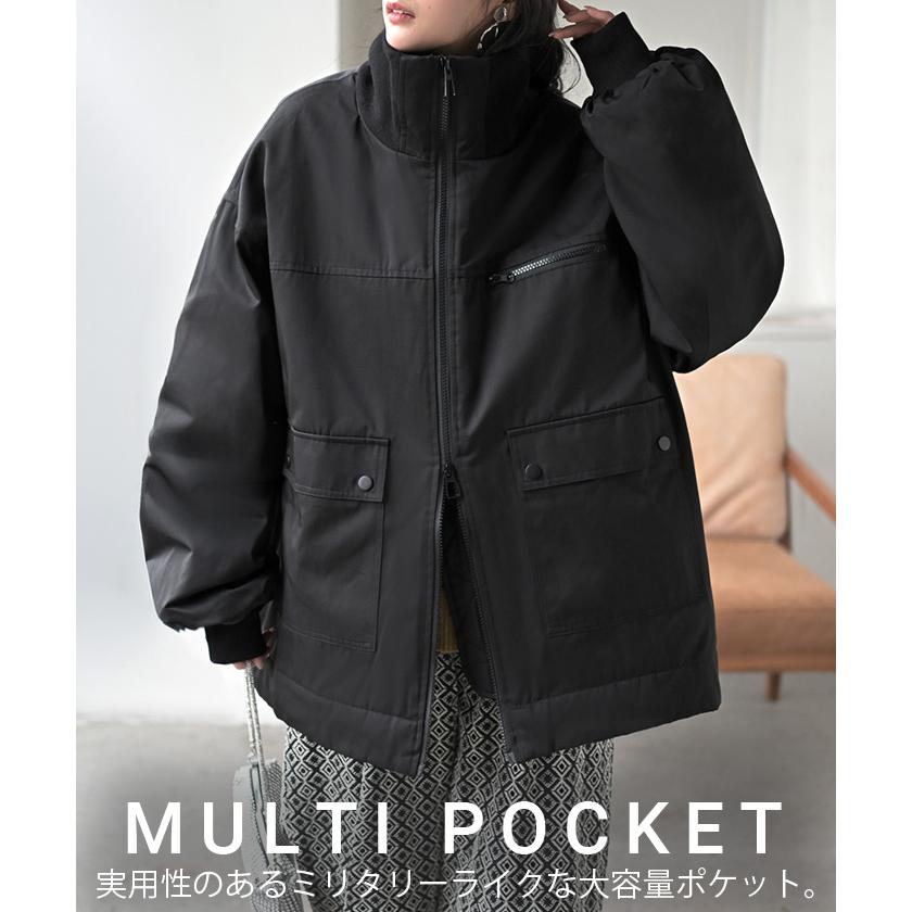 アウター ジャケット 中綿 ミリタリー レディース ロング コート ブルゾン オーバー ハイネック あったか 羽織 YKK ダブルジップ ボタン ポケット ドロスト | HUG.U | 12