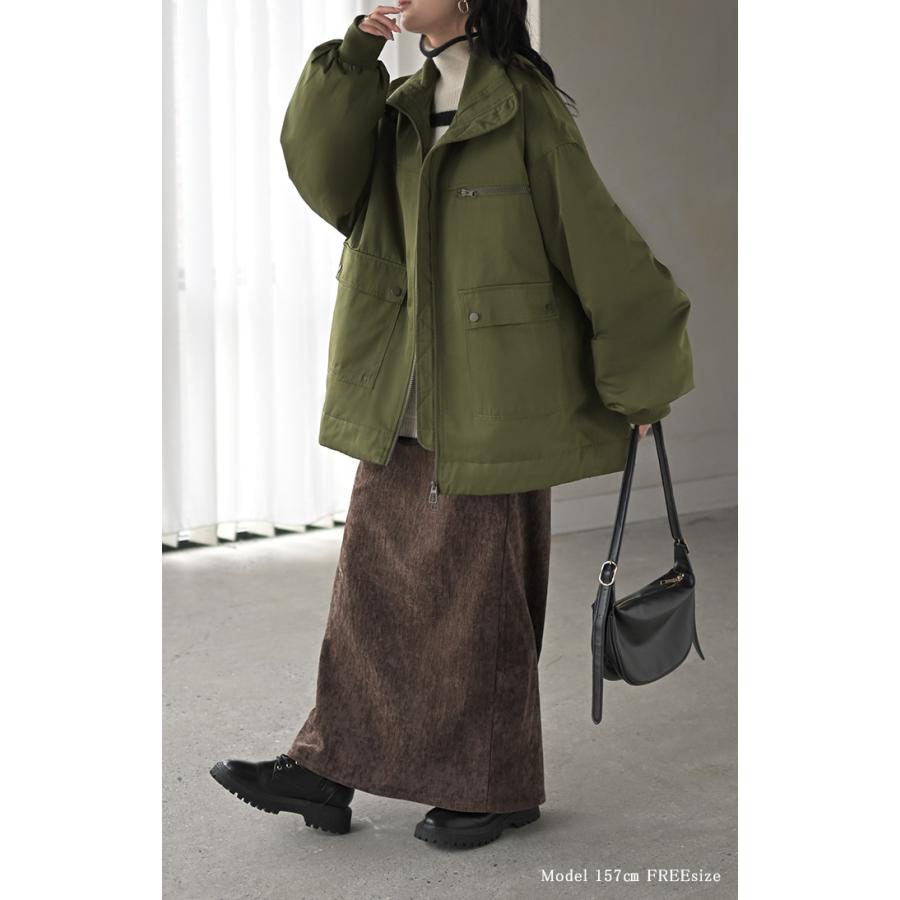 アウター ジャケット 中綿 ミリタリー レディース ロング コート ブルゾン オーバー ハイネック あったか 羽織 YKK ダブルジップ ボタン ポケット ドロスト | HUG.U | 21