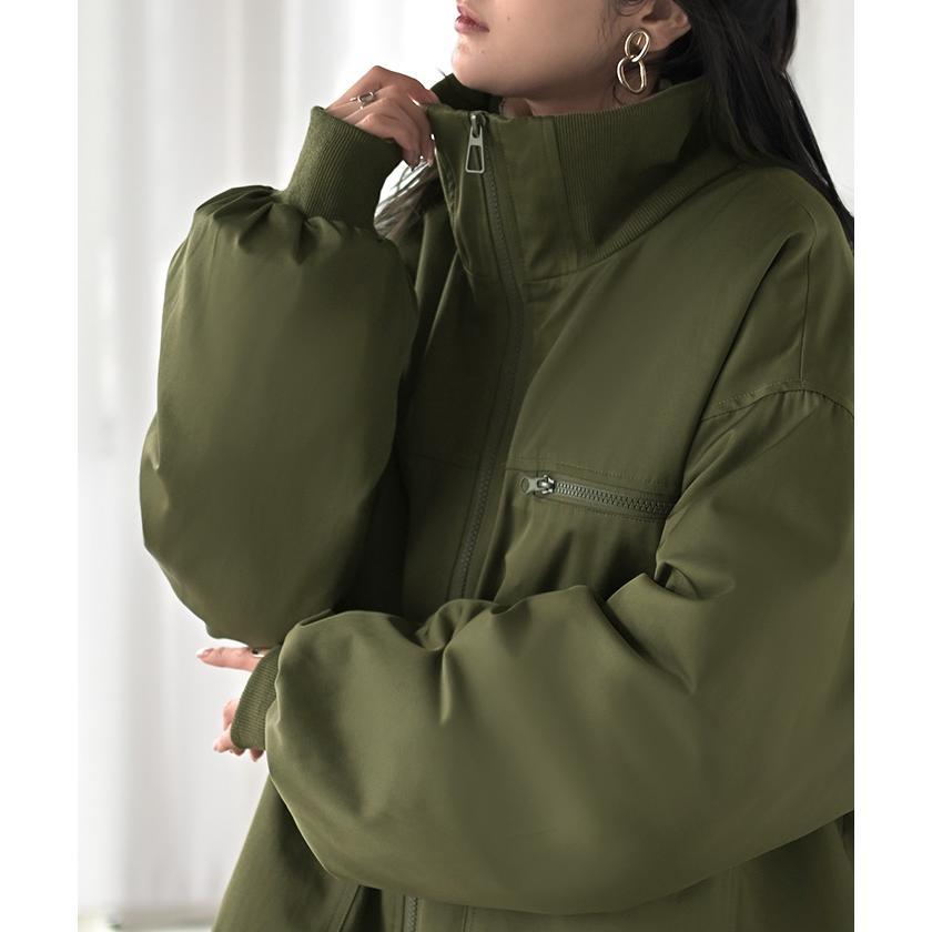 アウター ジャケット 中綿 ミリタリー レディース ロング コート ブルゾン オーバー ハイネック あったか 羽織 YKK ダブルジップ ボタン ポケット ドロスト | HUG.U | 05