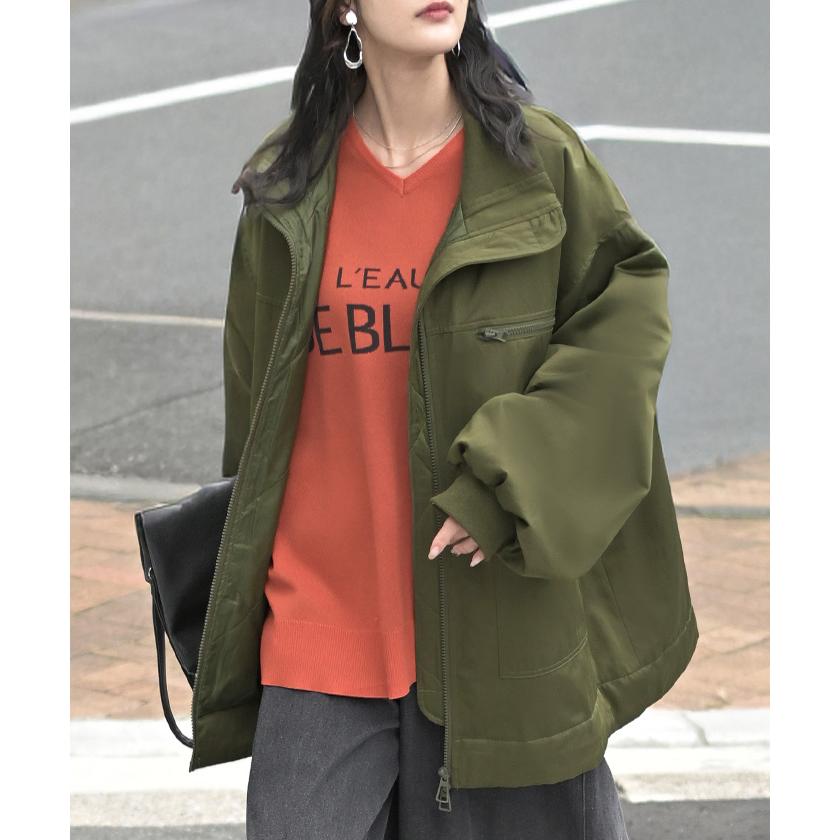 アウター ジャケット 中綿 ミリタリー レディース ロング コート ブルゾン オーバー ハイネック あったか 羽織 YKK ダブルジップ ボタン ポケット ドロスト | HUG.U | 06