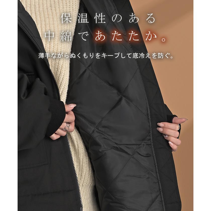 アウター ジャケット 中綿 ミリタリー レディース ロング コート ブルゾン オーバー ハイネック あったか 羽織 YKK ダブルジップ ボタン ポケット ドロスト | HUG.U | 07