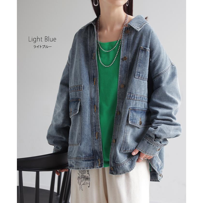 ジャケット デニムジャケット Gジャン ポケット レディース デニム アウター ジャンパー ビッグシルエット 羽織 オーバーサイズ ゆったり ドロップショルダー | HUG.U | 13