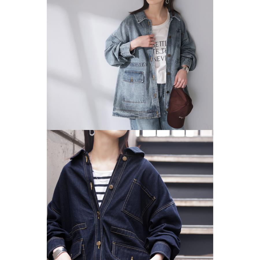 ジャケット デニムジャケット Gジャン ポケット レディース デニム アウター ジャンパー ビッグシルエット 羽織 オーバーサイズ ゆったり ドロップショルダー | HUG.U | 14