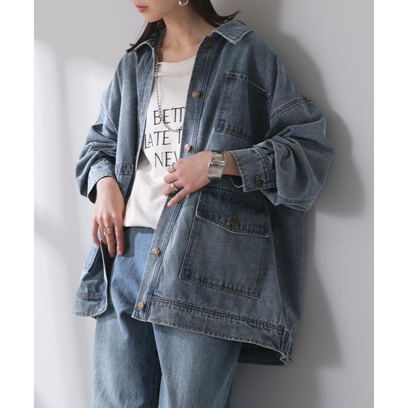 ジャケット デニムジャケット Gジャン ポケット レディース デニム アウター ジャンパー ビッグシルエット 羽織 オーバーサイズ ゆったり ドロップショルダー | HUG.U | 04