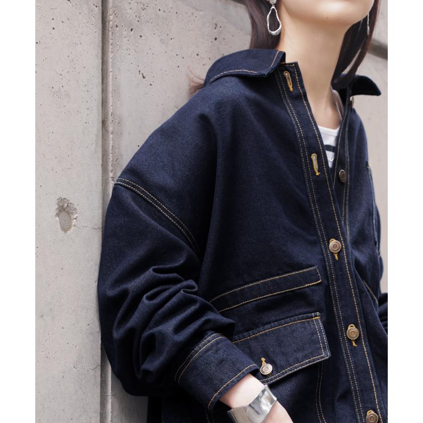 ジャケット デニムジャケット Gジャン ポケット レディース デニム アウター ジャンパー ビッグシルエット 羽織 オーバーサイズ ゆったり ドロップショルダー | HUG.U | 05