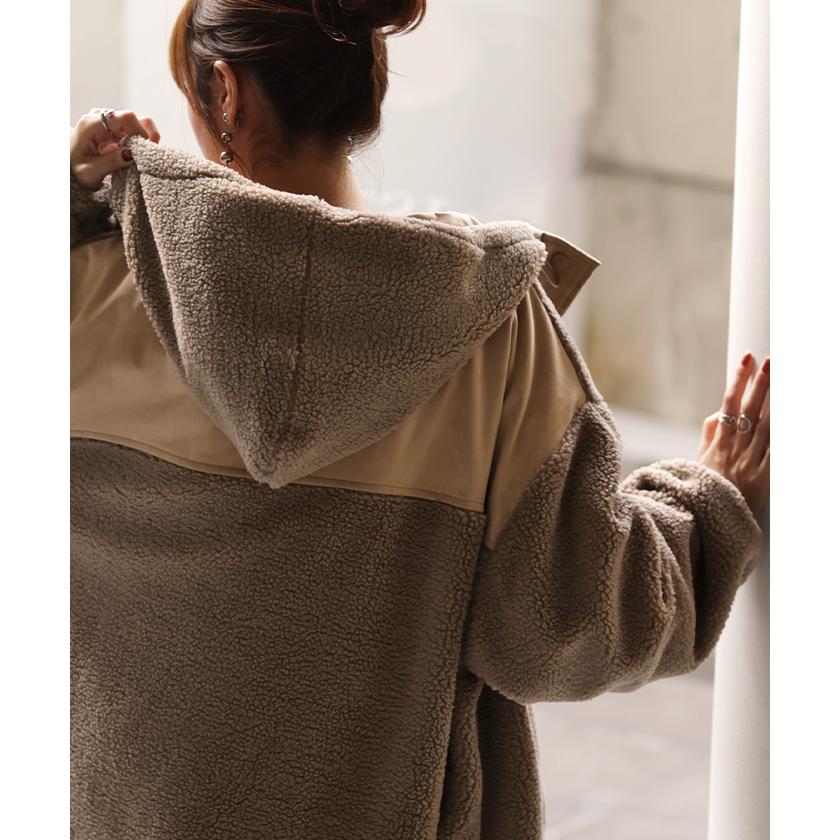 ボアジャケット スウェード フード アウター レディース ロング パーカー ジャケット ブルゾン ボアコート ボアパーカー ボアアウター ドロップショルダー | HUG.U | 18