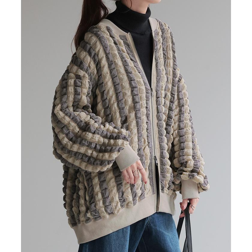 アウター カーデ ポップコーン ストライプ ぽこぽこ レディース シアー 薄手 カーディガン トップス ポコポコ 凹凸 ボーダー ブルゾン | HUG.U | 16