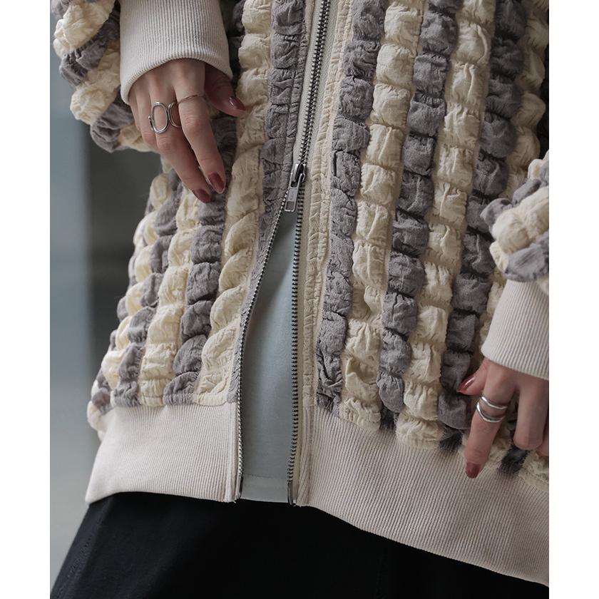 アウター カーデ ポップコーン ストライプ ぽこぽこ レディース シアー 薄手 カーディガン トップス ポコポコ 凹凸 ボーダー ブルゾン | HUG.U | 19