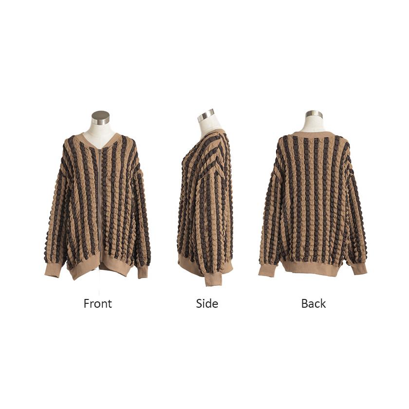 アウター カーデ ポップコーン ストライプ ぽこぽこ レディース シアー 薄手 カーディガン トップス ポコポコ 凹凸 ボーダー ブルゾン | HUG.U | 21