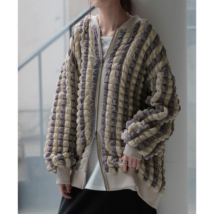 アウター カーデ ポップコーン ストライプ ぽこぽこ レディース シアー 薄手 カーディガン トップス ポコポコ 凹凸 ボーダー ブルゾン | HUG.U | 06