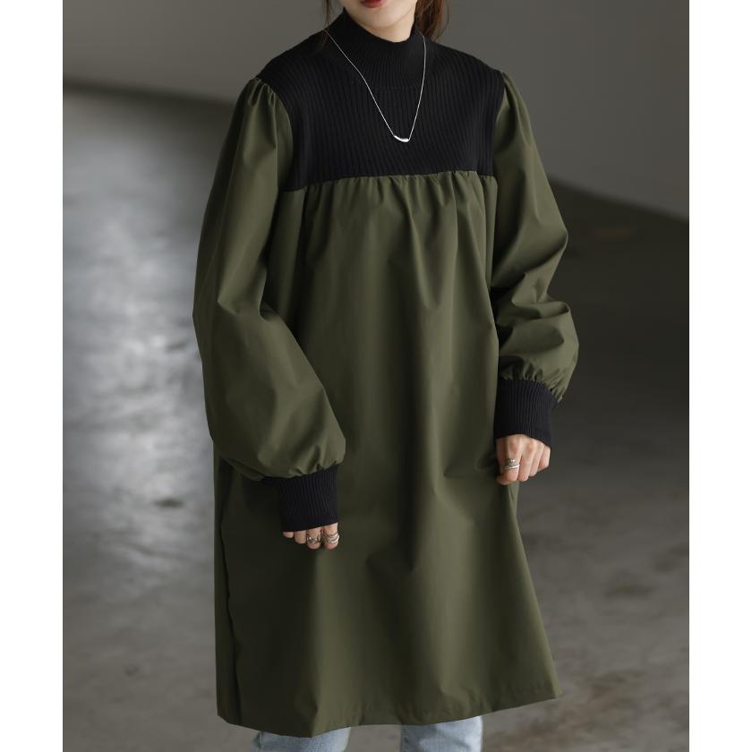 ニット チュニック ドッキング トップス プルオーバー レディース セーター ロング 長袖 長い ボリュームスリーブ ハイネック モックネック 異素材 | HUG.U | 07