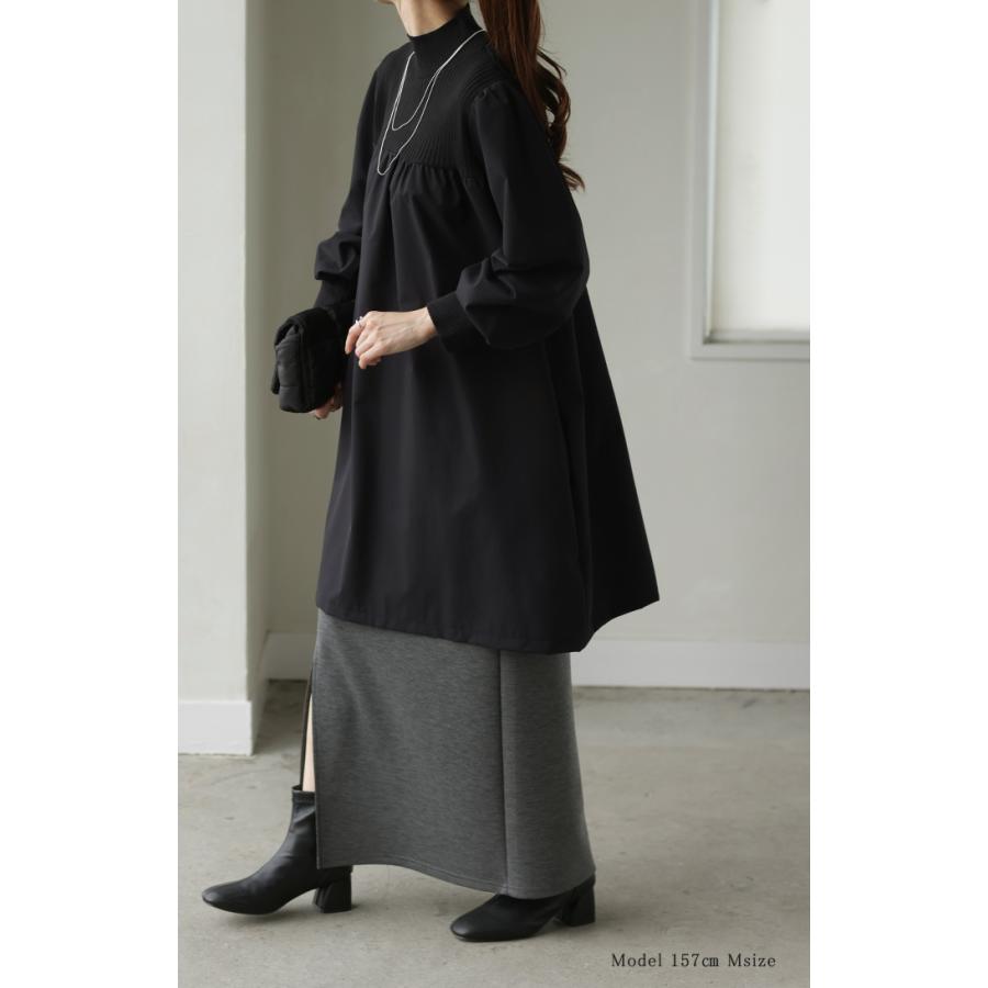 ニット チュニック ドッキング トップス プルオーバー レディース セーター ロング 長袖 長い ボリュームスリーブ ハイネック モックネック 異素材 | HUG.U | 08