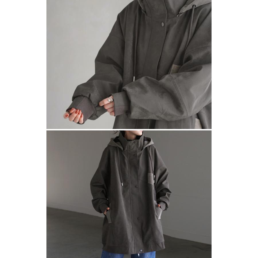 ジャケット 2way レザー 風 レディース アウター ダブルジップ リブ フード 取り外し可能 無地 長袖 ハイネック | HUG.U | 10