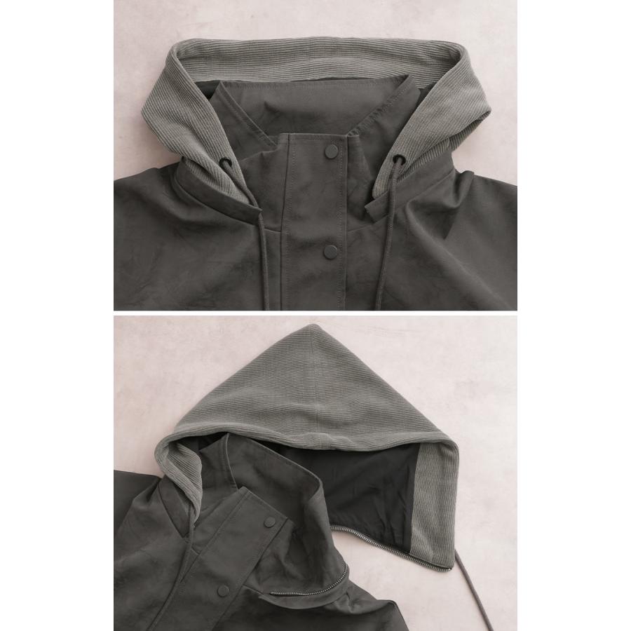 ジャケット 2way レザー 風 レディース アウター ダブルジップ リブ フード 取り外し可能 無地 長袖 ハイネック | HUG.U | 09