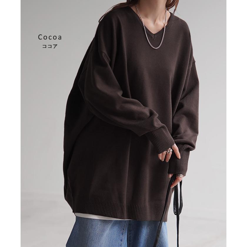 ニット 選べるネック ロング 指穴 レディース トップス セーター クルーネック Vネック 長袖 無地 ドロップショルダー | HUG.U | 17