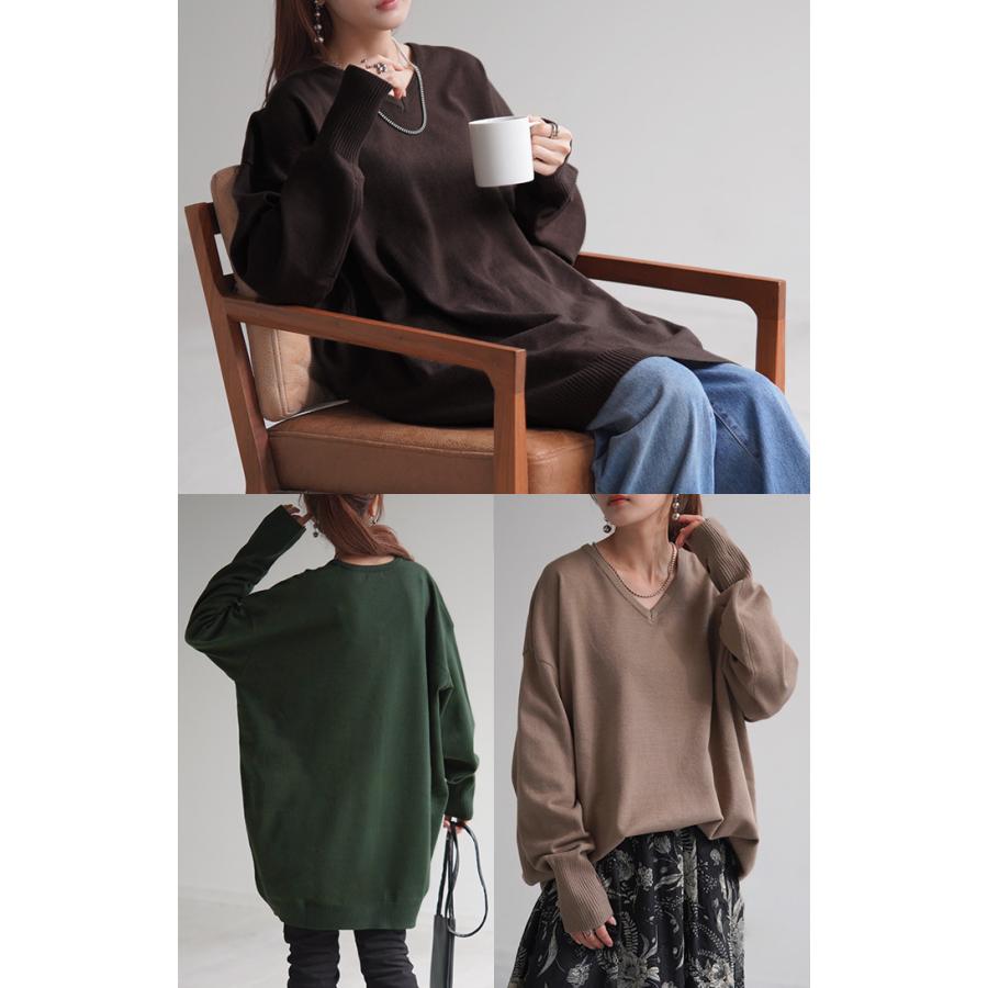 ニット 選べるネック ロング 指穴 レディース トップス セーター クルーネック Vネック 長袖 無地 ドロップショルダー | HUG.U | 27