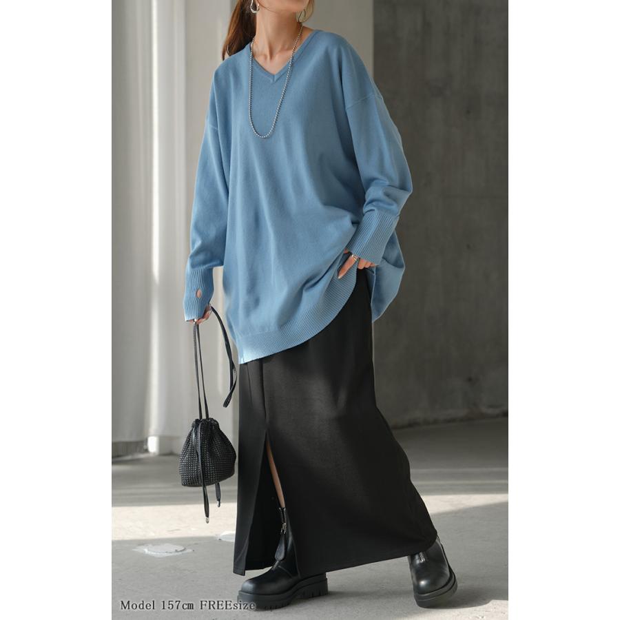 ニット 選べるネック ロング 指穴 レディース トップス セーター クルーネック Vネック 長袖 無地 ドロップショルダー | HUG.U | 14