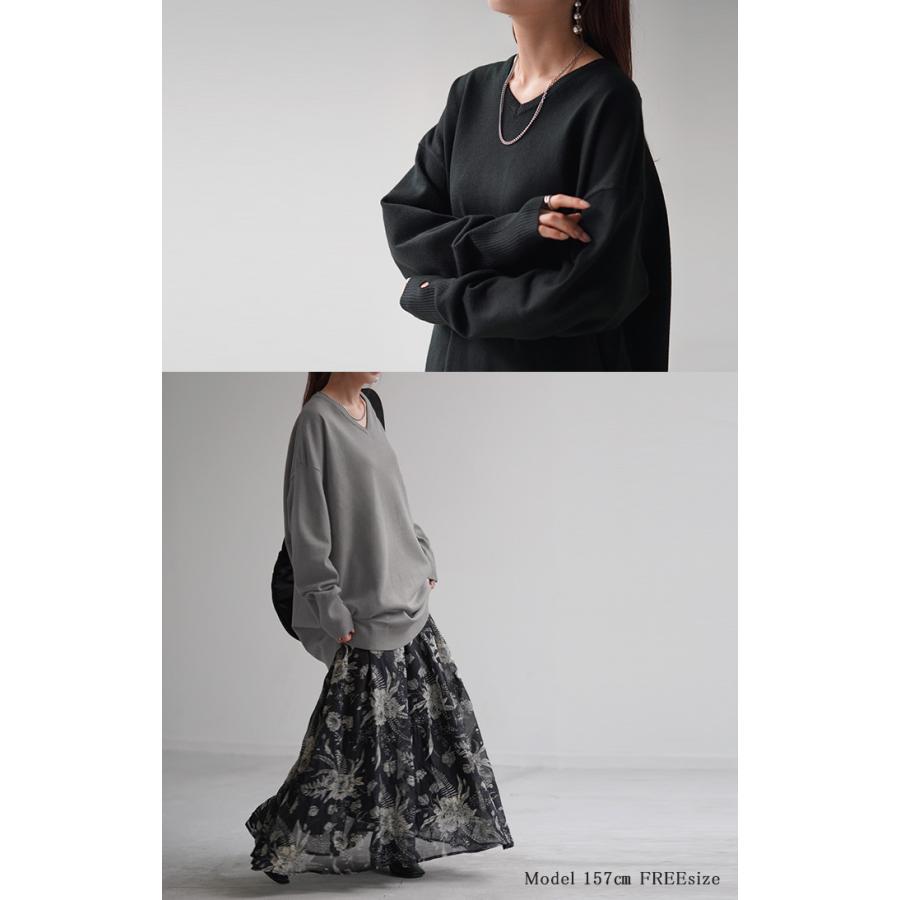 ニット 選べるネック ロング 指穴 レディース トップス セーター クルーネック Vネック 長袖 無地 ドロップショルダー | HUG.U | 15