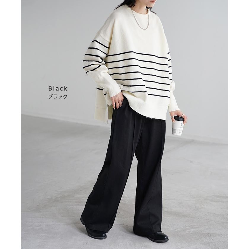 パンツ ワイド センターライン レディース ボトムス ボトム ロング 綿100％ ハイウエスト ズボン ずぼん ロングパンツ ウエストゴム ワイドパンツ | HUG.U | 20