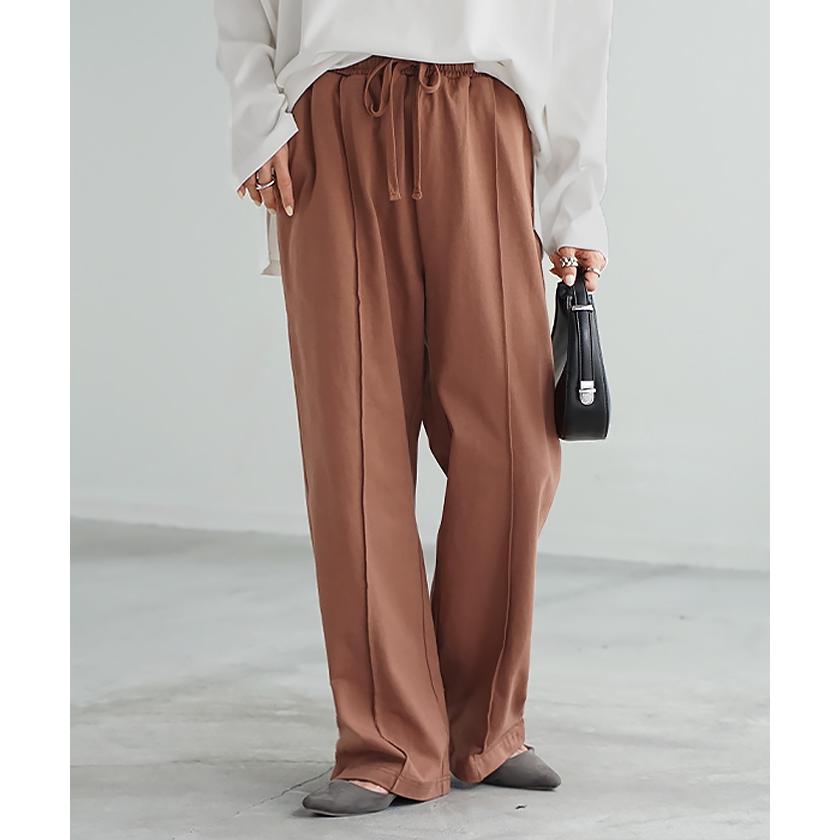 パンツ ワイド センターライン レディース ボトムス ボトム ロング 綿100％ ハイウエスト ズボン ずぼん ロングパンツ ウエストゴム ワイドパンツ | HUG.U | 10