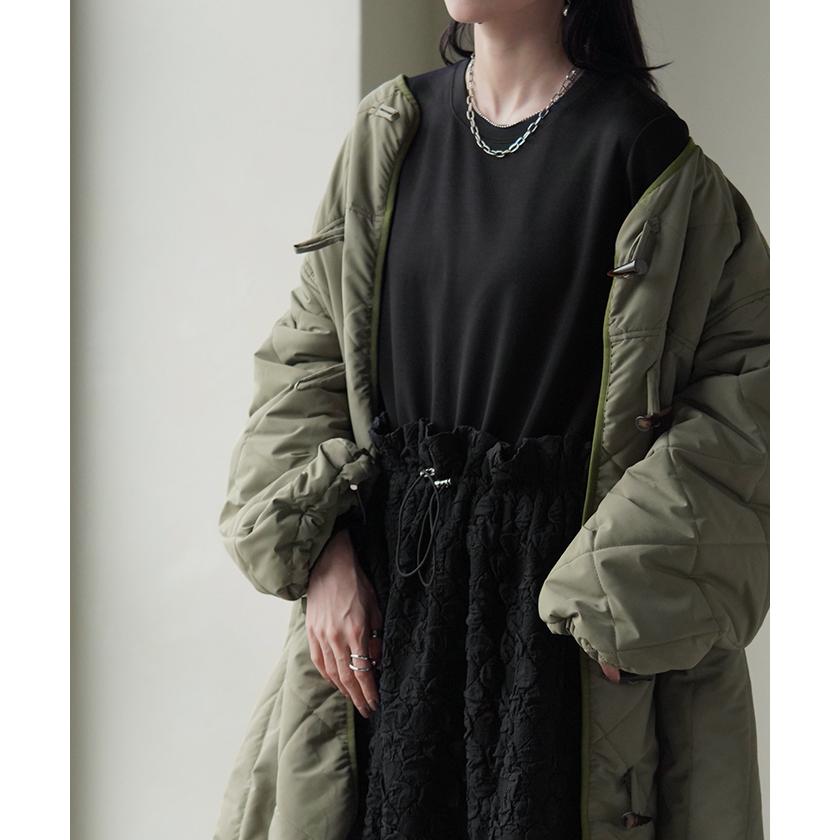 ワンピース 異素材 ジャガード ポンチ レディース ロング ロングワンピース Aライン フレア Uネック ハイウエスト | HUG.U | 15