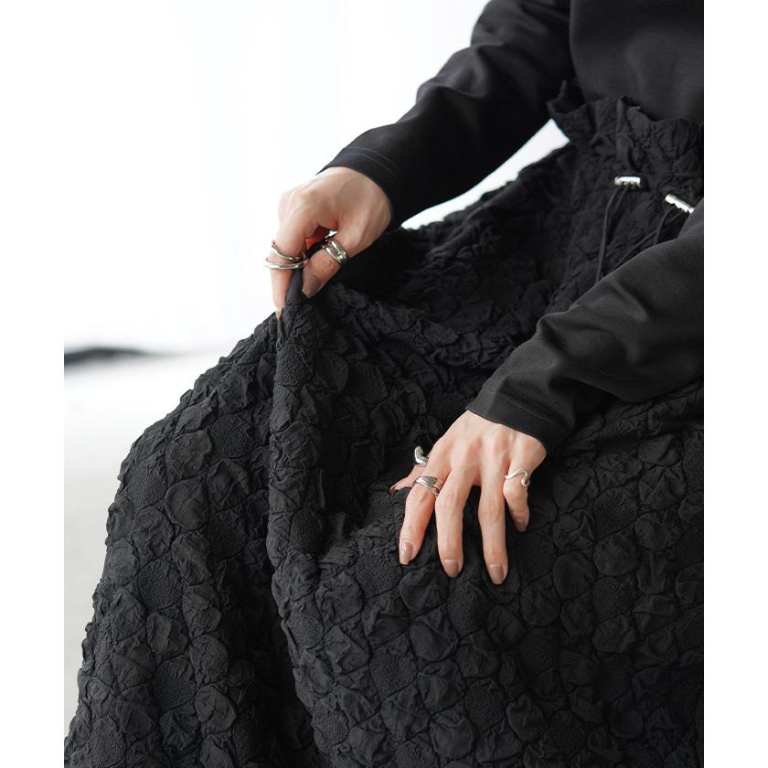 ワンピース 異素材 ジャガード ポンチ レディース ロング ロングワンピース Aライン フレア Uネック ハイウエスト | HUG.U | 03