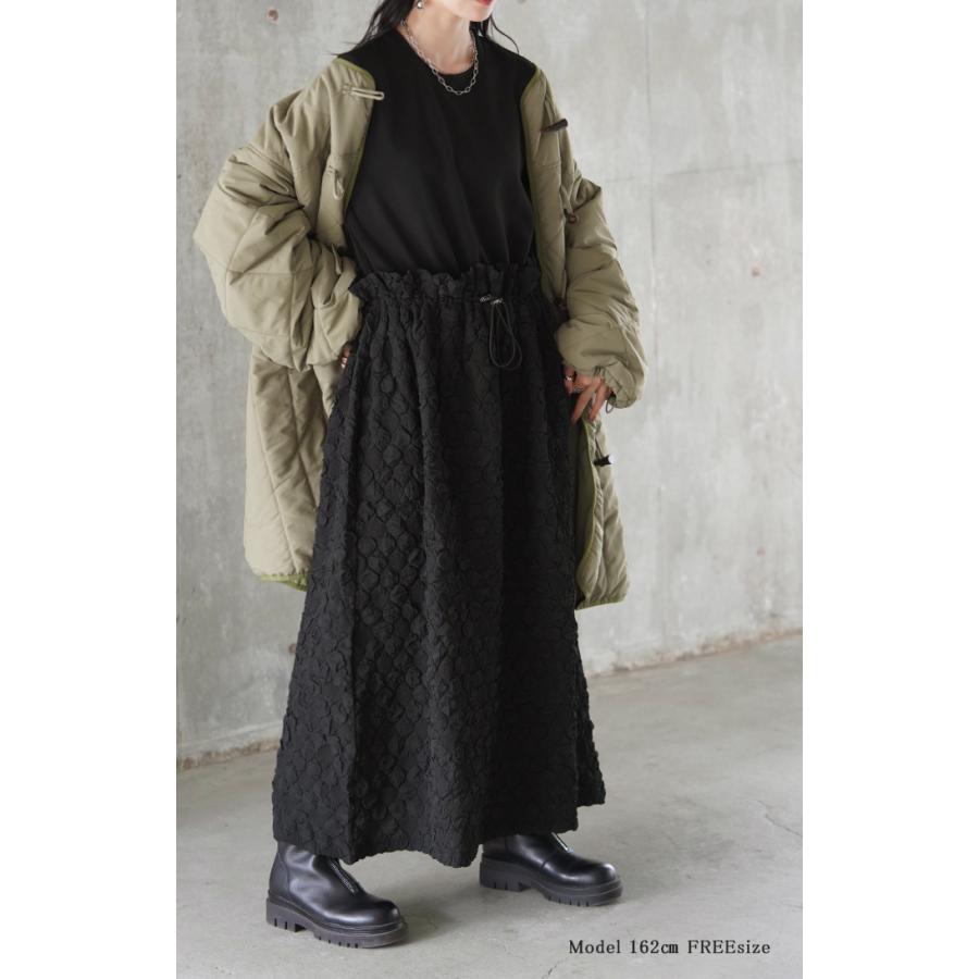 ワンピース 異素材 ジャガード ポンチ レディース ロング ロングワンピース Aライン フレア Uネック ハイウエスト | HUG.U | 04