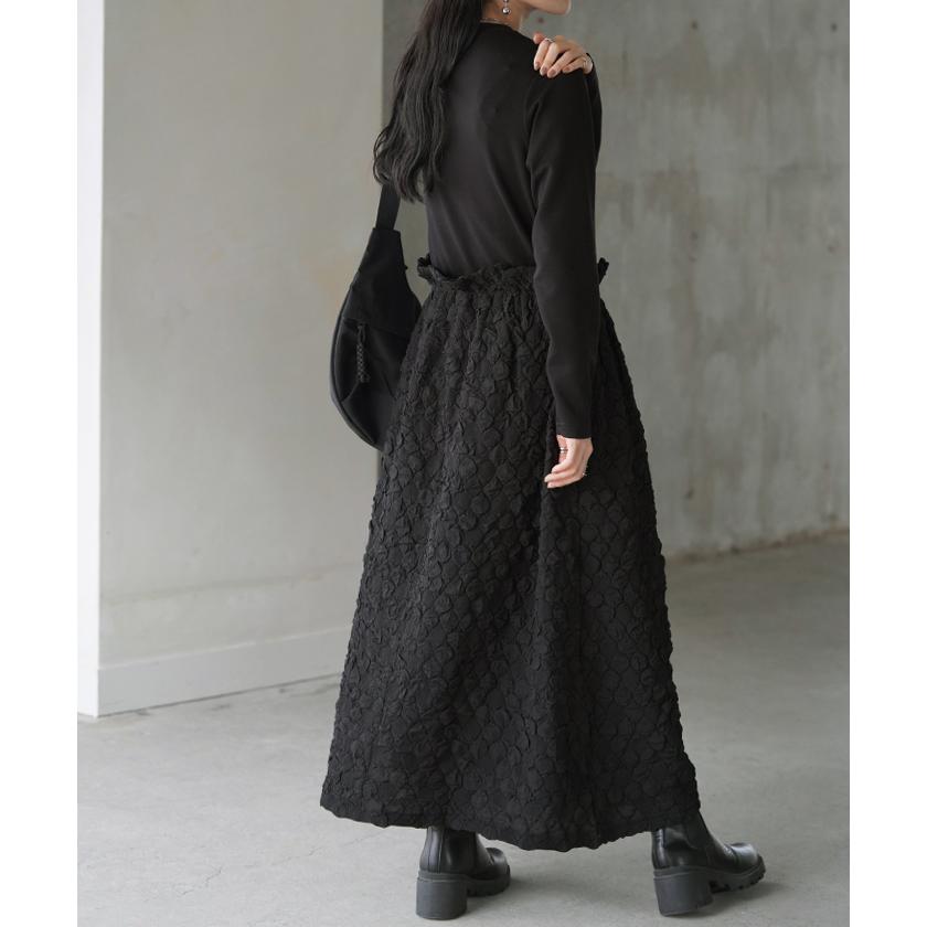 ワンピース 異素材 ジャガード ポンチ レディース ロング ロングワンピース Aライン フレア Uネック ハイウエスト | HUG.U | 05