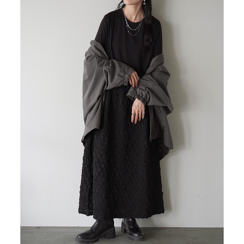 ワンピース 異素材 ジャガード ポンチ レディース ロング ロングワンピース Aライン フレア Uネック ハイウエスト | HUG.U | 09