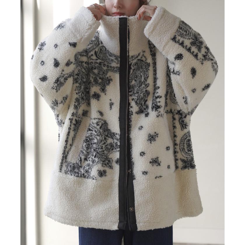 アウター ボアジャケット レディース コート チュニック 柄 ペイズリー ボアアウター ドルマン ロング | HUG.U | 06