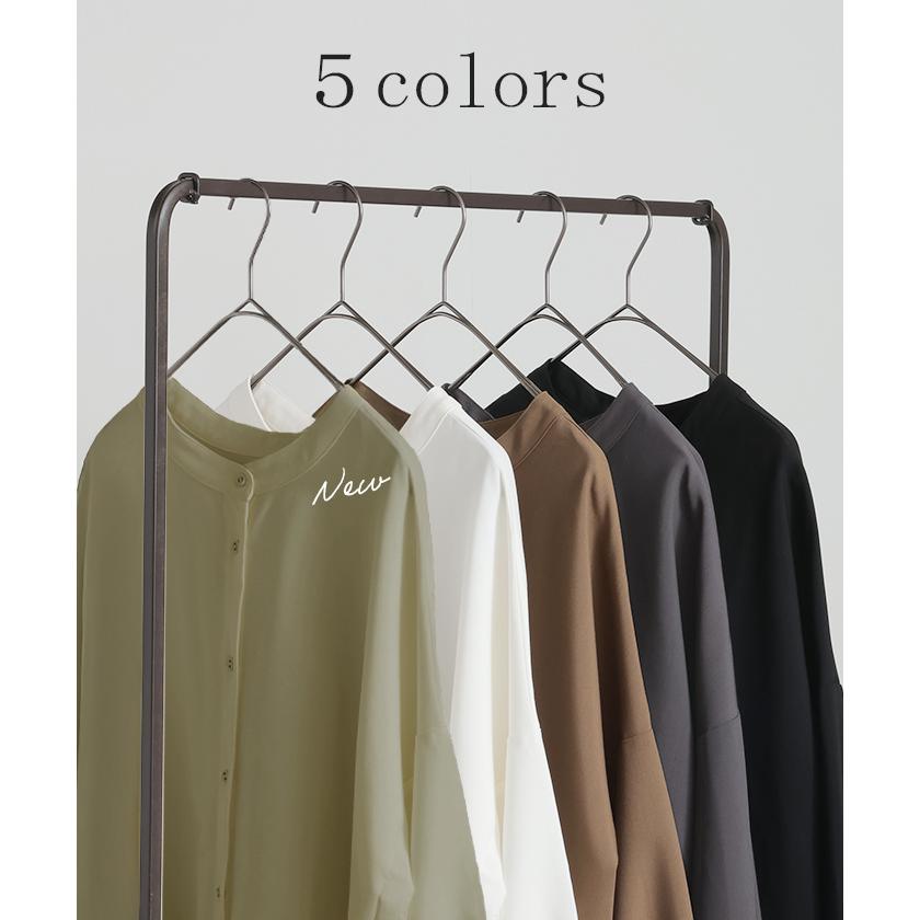 シャツ ブラウス ロング レディース トップス アウター ボリュームスリーブ ノーカラー スタンドネック | HUG.U | 14