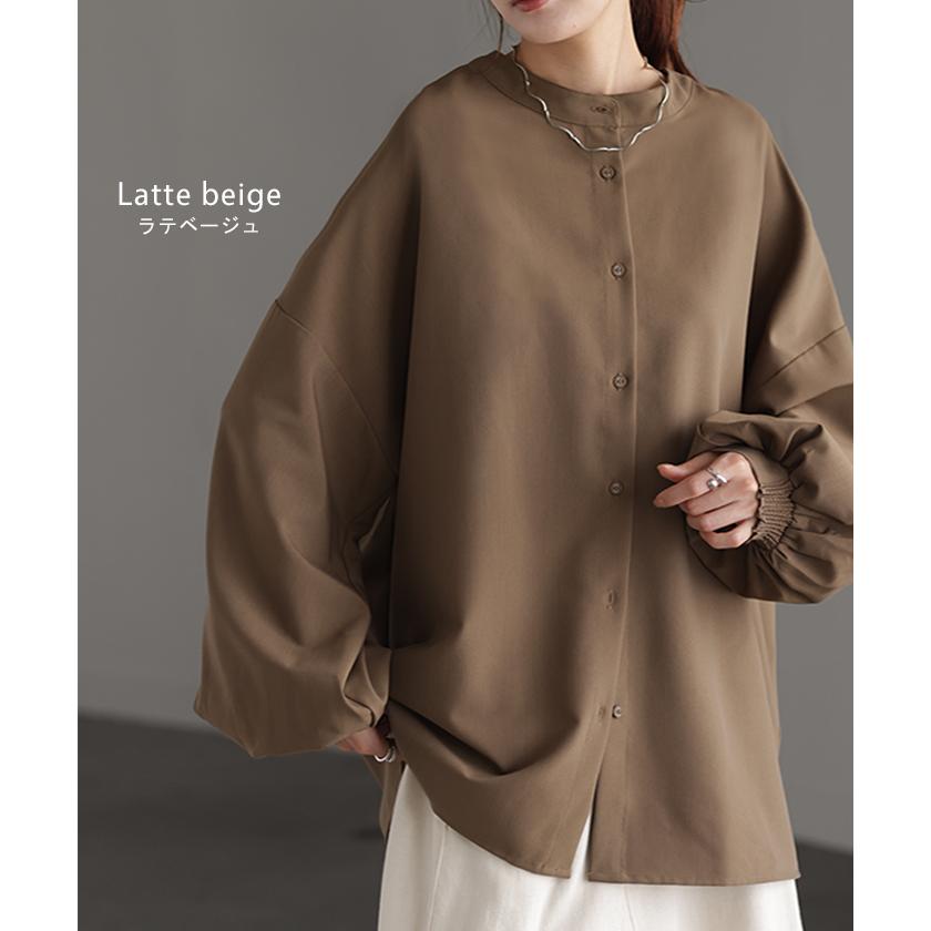 シャツ ブラウス ロング レディース トップス アウター ボリュームスリーブ ノーカラー スタンドネック | HUG.U | 15