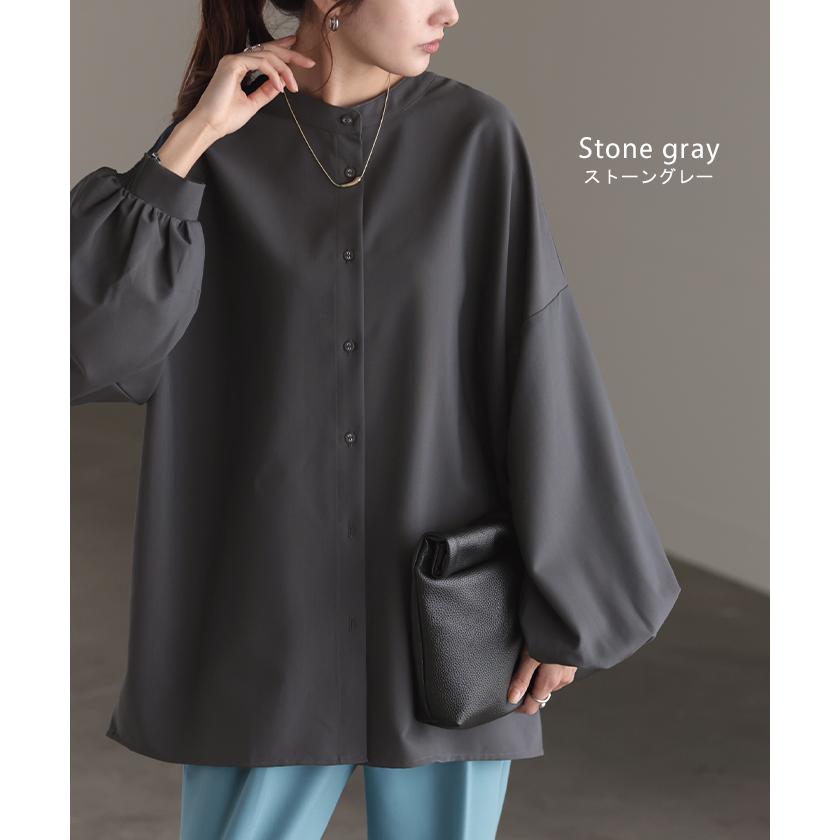 シャツ ブラウス ロング レディース トップス アウター ボリュームスリーブ ノーカラー スタンドネック | HUG.U | 19