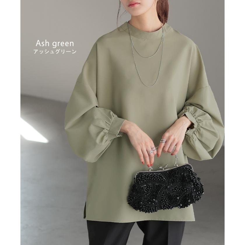 シャツ ブラウス ロング レディース トップス アウター ボリュームスリーブ ノーカラー スタンドネック | HUG.U | 20