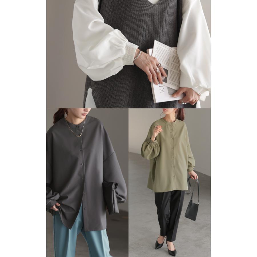 シャツ ブラウス ロング レディース トップス アウター ボリュームスリーブ ノーカラー スタンドネック | HUG.U | 22
