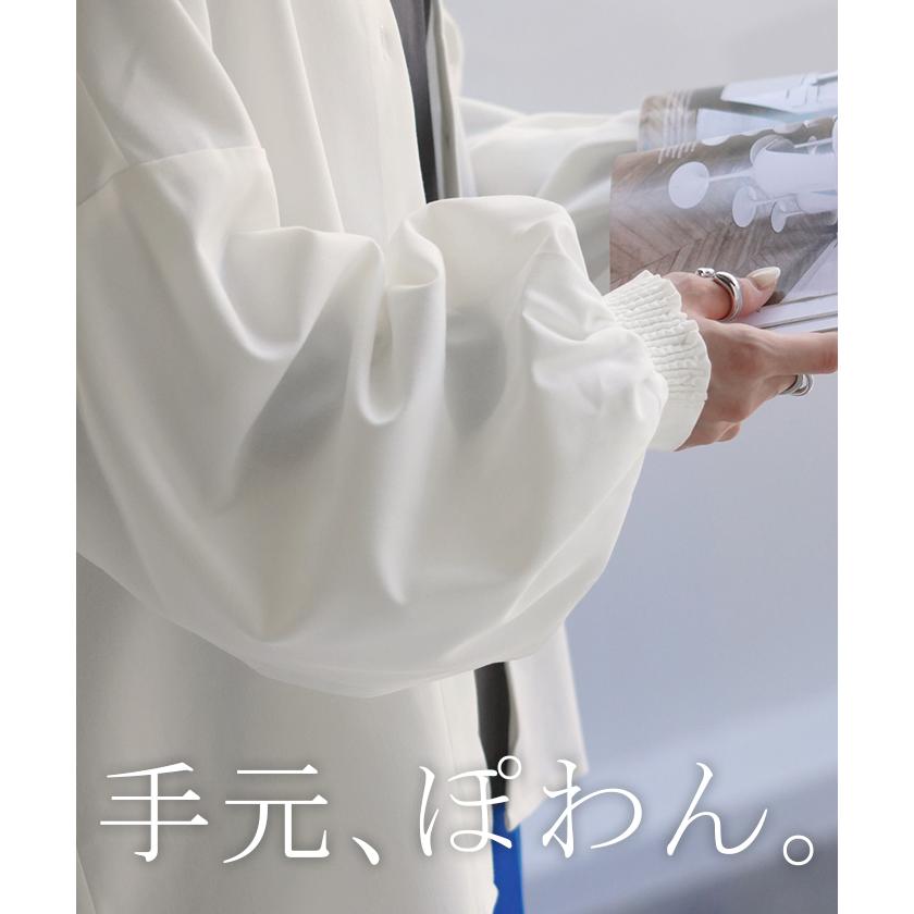 シャツ ブラウス ロング レディース トップス アウター ボリュームスリーブ ノーカラー スタンドネック | HUG.U | 24