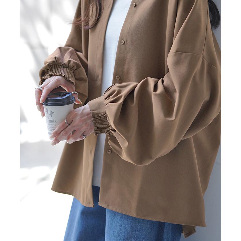 シャツ ブラウス ロング レディース トップス アウター ボリュームスリーブ ノーカラー スタンドネック | HUG.U | 08