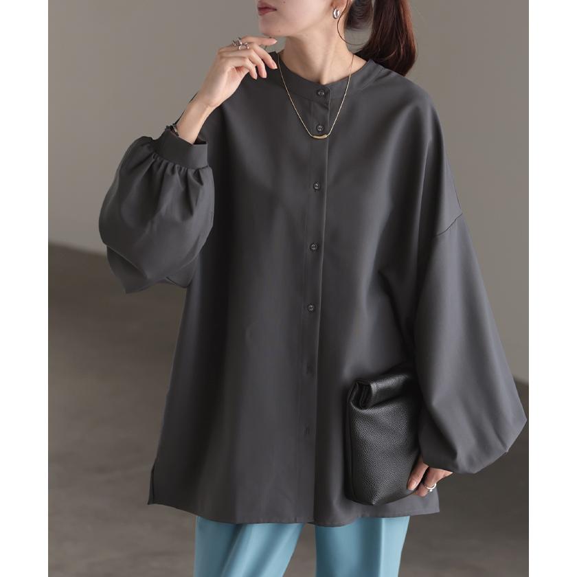 シャツ ブラウス ロング レディース トップス アウター ボリュームスリーブ ノーカラー スタンドネック | HUG.U | 09